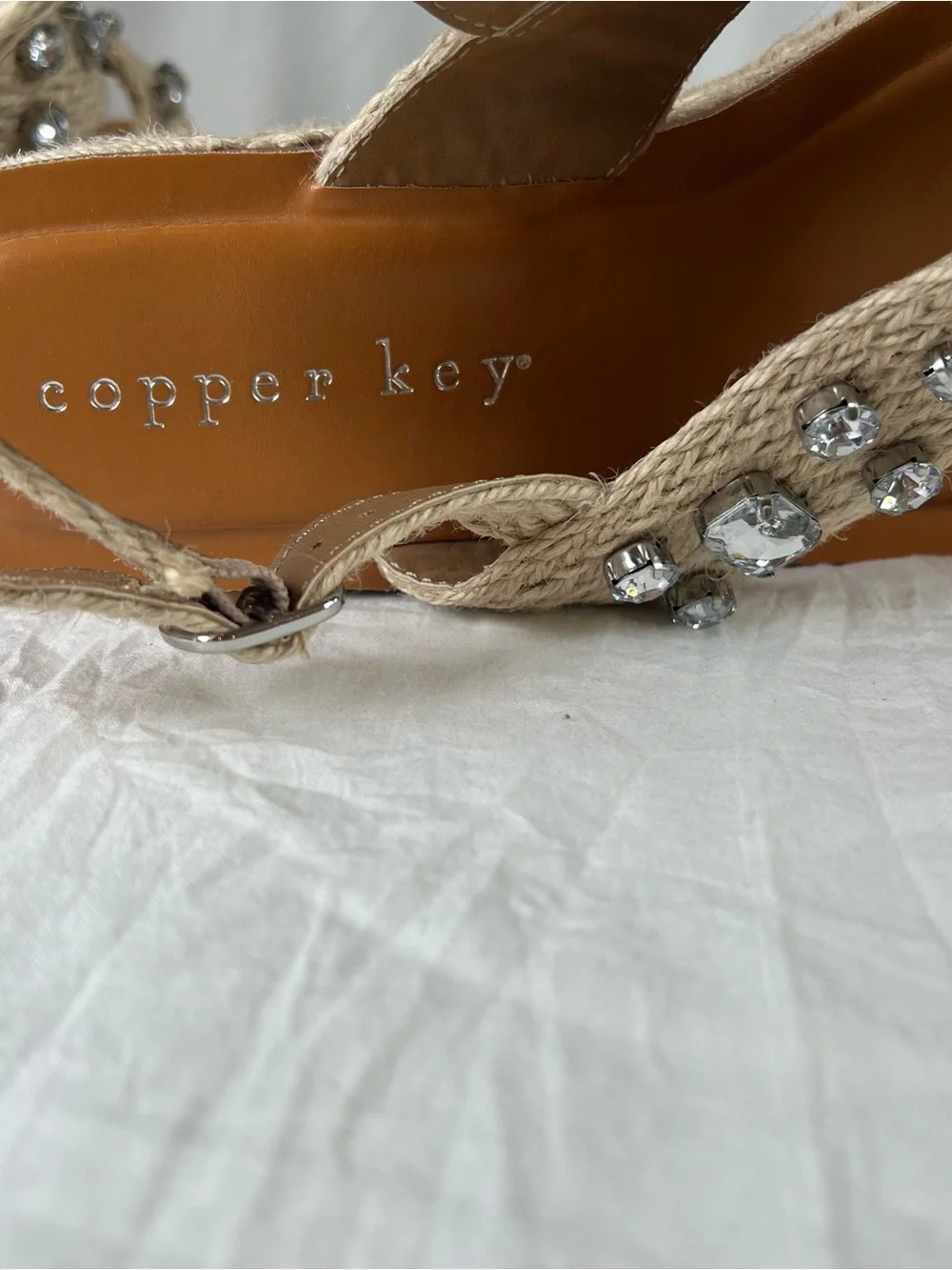 Copper Key Woven Strap Natural Beige Jeweled Platform Espadrille Sandals sz9.5